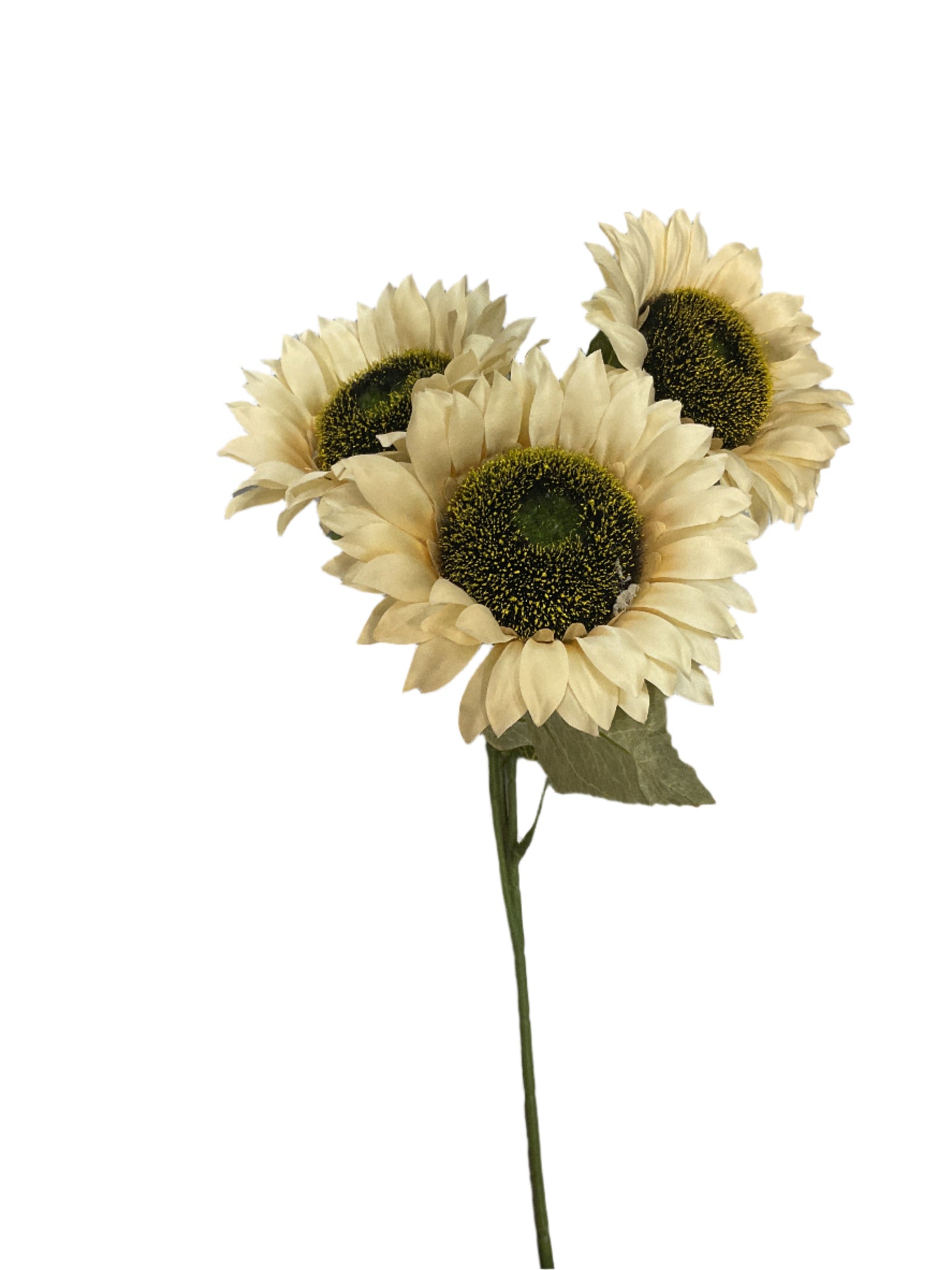 Three artificial sunflowers on a white surface
