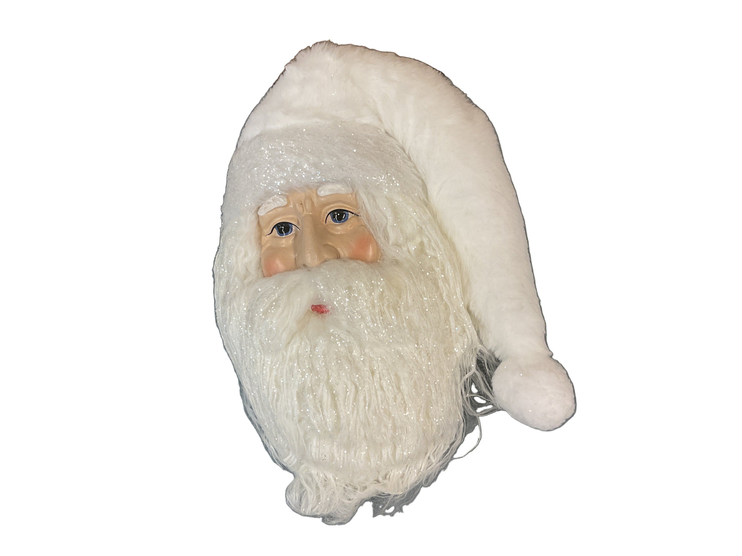 A white plush Santa hat with a pom-pom, displayed on a flat surface.