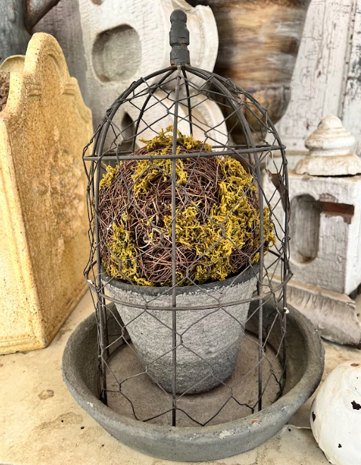 Chicken wire cloche with terracotta pot and base